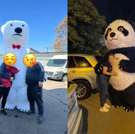 Surprise with a giant polar bear or panda